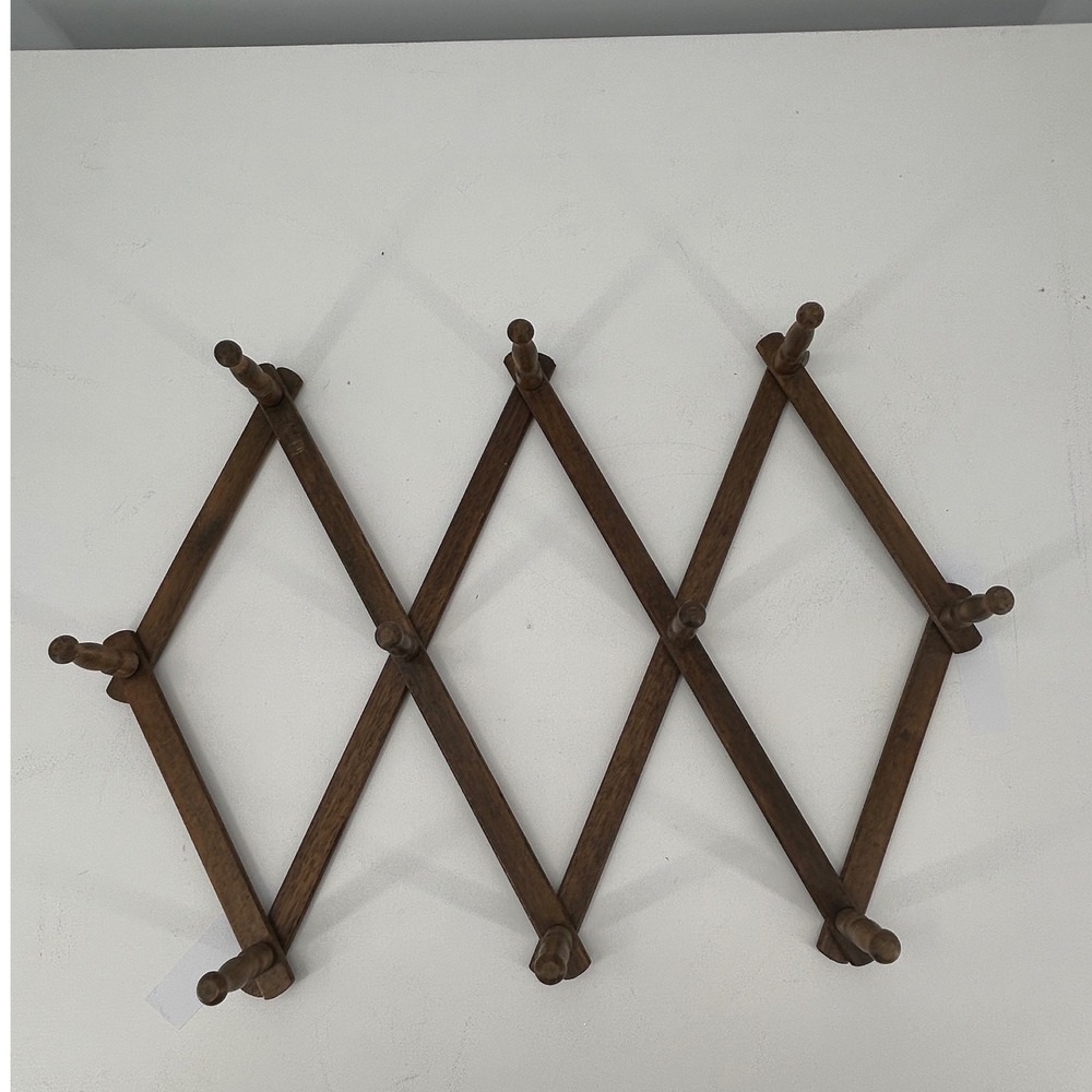 Vintage Wood Accordion Wall Rack 10 Peg Expandable Hat Coat Mug Rack Dark Brown - Picture 2 of 4